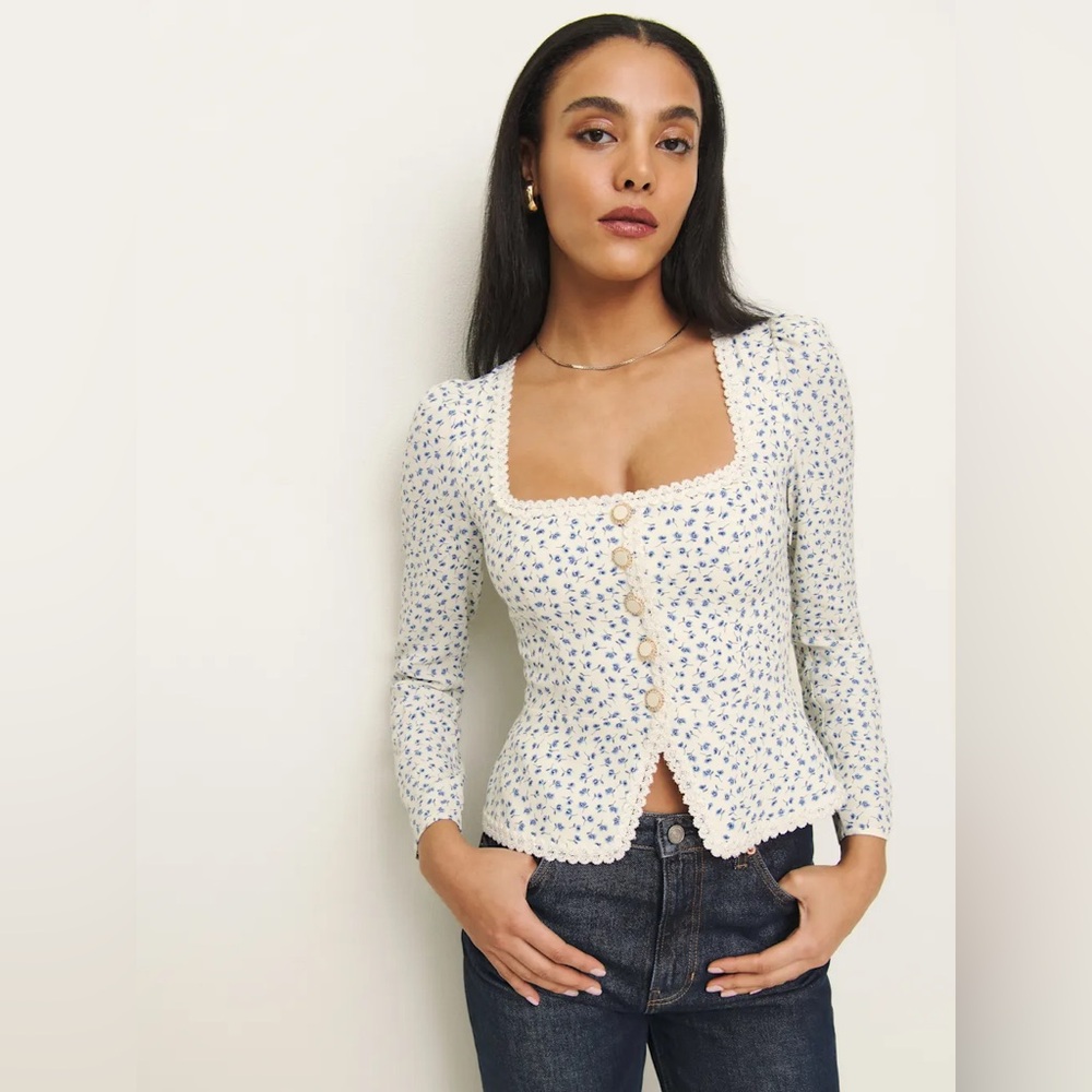 Reformation Cream Floral Button-Front Blouse with Blue Print - Picture 5 of 16